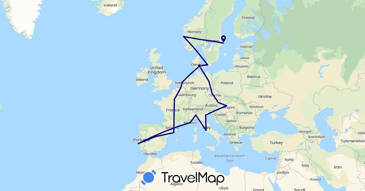 TravelMap itinerary: driving in Austria, Belgium, Czech Republic, Germany, Denmark, Spain, France, Hungary, Italy, Monaco, Netherlands, Norway, Portugal, Sweden (Europe)
